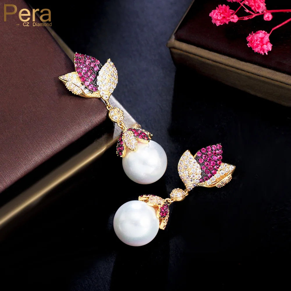 Retro Red White CZ Long Gold Plated Flower Tassel Pearl Drop Earring for Women Elegant Wedding Dress Jewelry