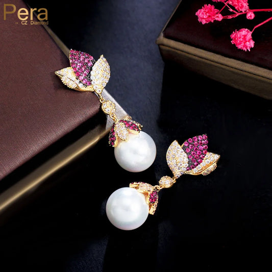 Retro Red White CZ Long Gold Plated Flower Tassel Pearl Drop Earring for Women Elegant Wedding Dress Jewelry