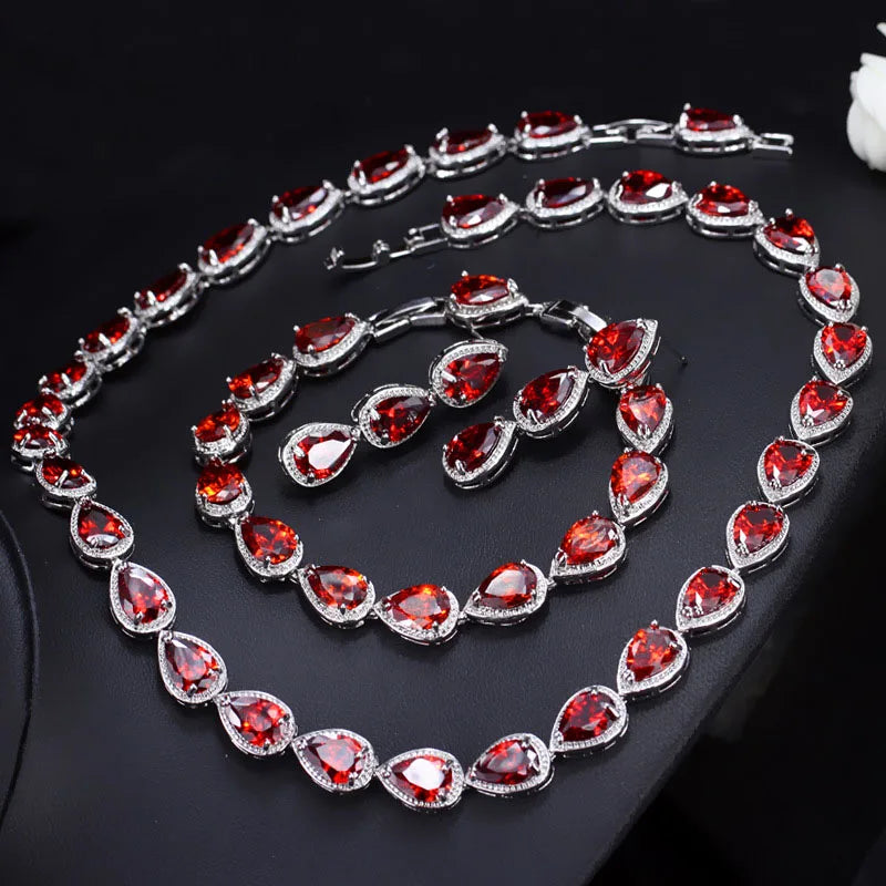 Classic 3Pcs Red Waterdrop Shape Link Cubic Zirconia Choker Necklace Earring Banquet Party Jewelry Sets for Women