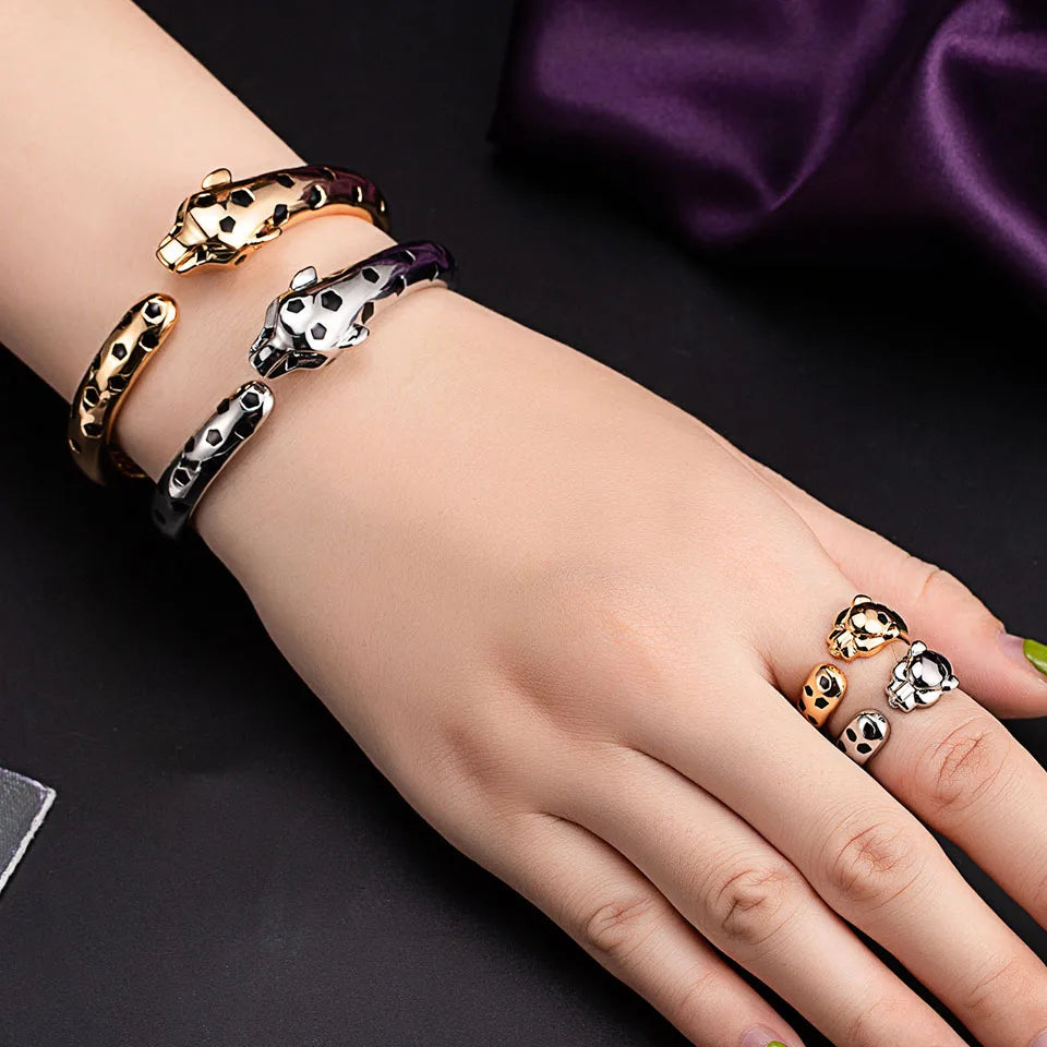 Statement Punk Black Spots Leopard bangle with Ring set Fashion Animal Panther bracelet for Women