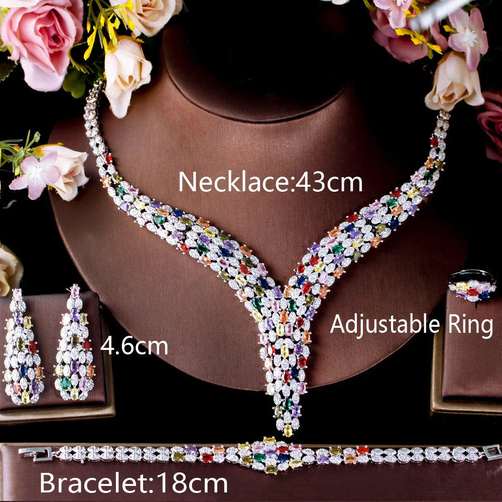 Zircons Heavy Cubic Zircon Stone Work Multicolor Big Necklace Arabic Dubai Bridal Jewelry Set Luxury Wedding Accessories