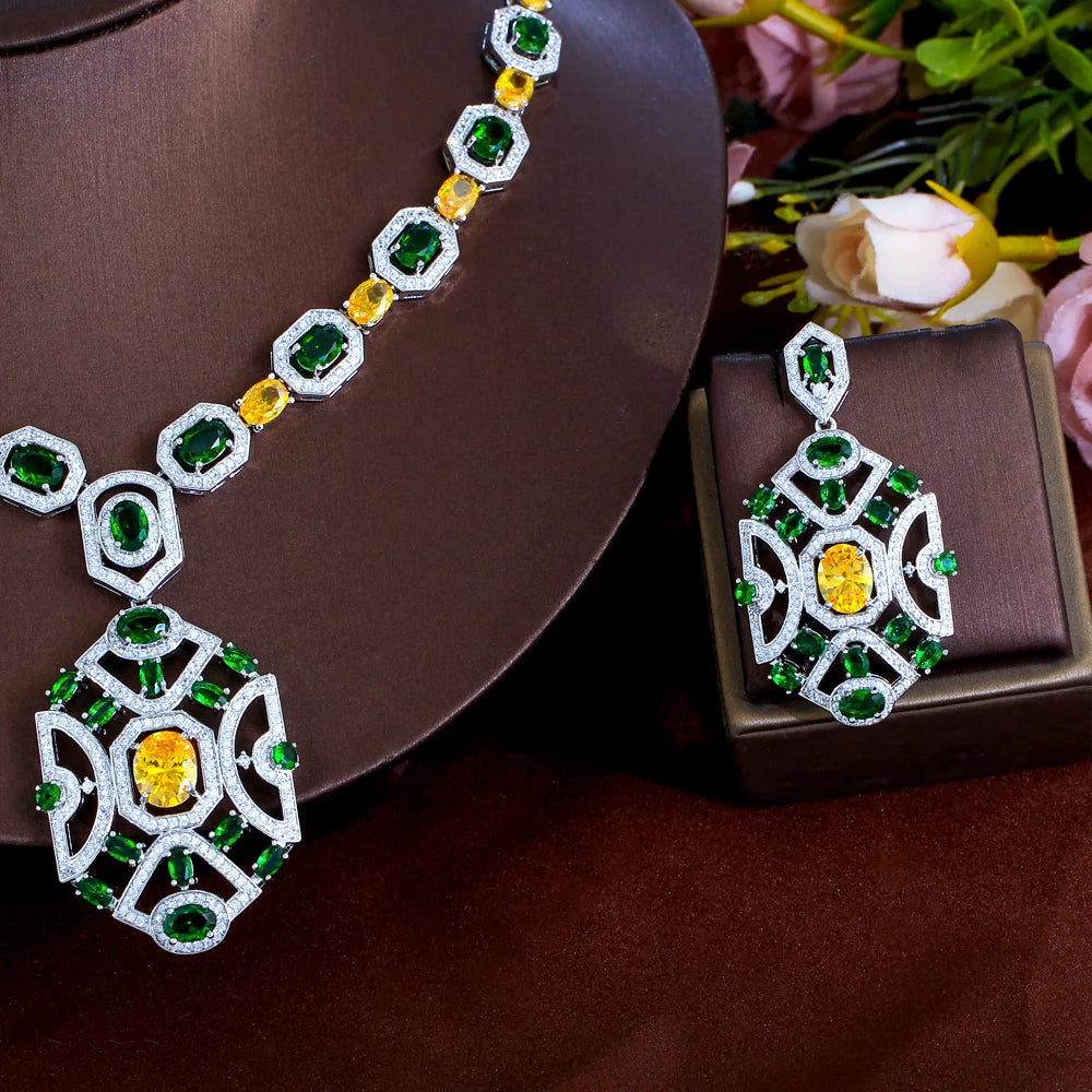 CWWZircons Yellow Green Cubic Zirconia Wedding Banquet Big Chunky Necklace and Earrings Bridal Party Costume Jewelry Sets T771