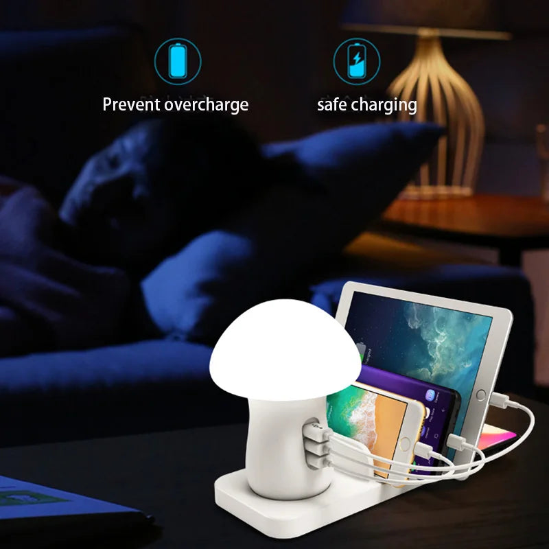 Mushroom night light Charging Station With Wireless Pad, 3 Port Dock   Fast Charger 3.0 with Night Light for Smart Phones,Iphone