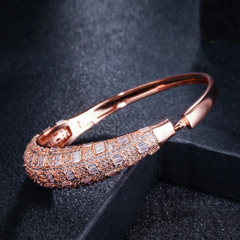 Luxury Dubai Gold Color Shiny Brilliant CZ Zircon Big Open Cuff Bangle Ring Sets for Women Wedding Jewelry Accessories