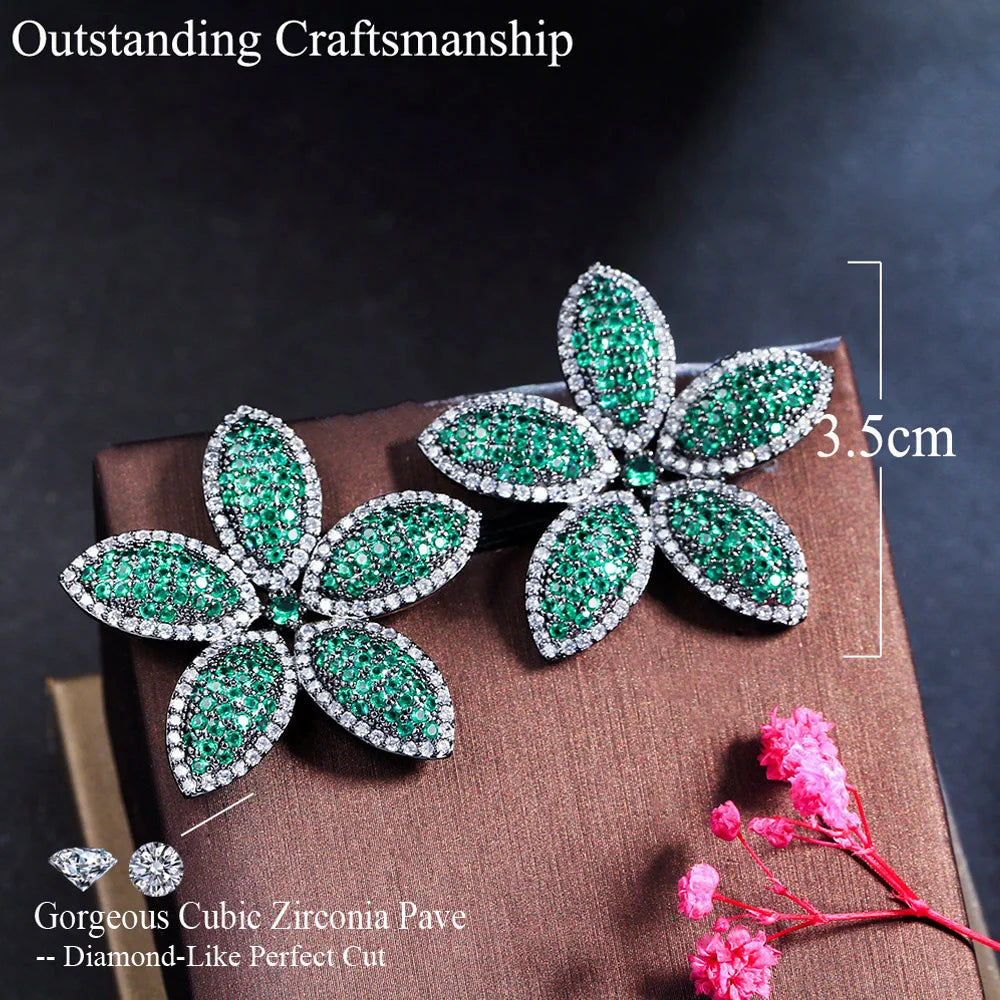 Trendy Micro Pave Bule Red Cubic Zirconia Big Flower Drop Earrings for Women Daily Dinner Party Fashion CZ Ear Jewelry