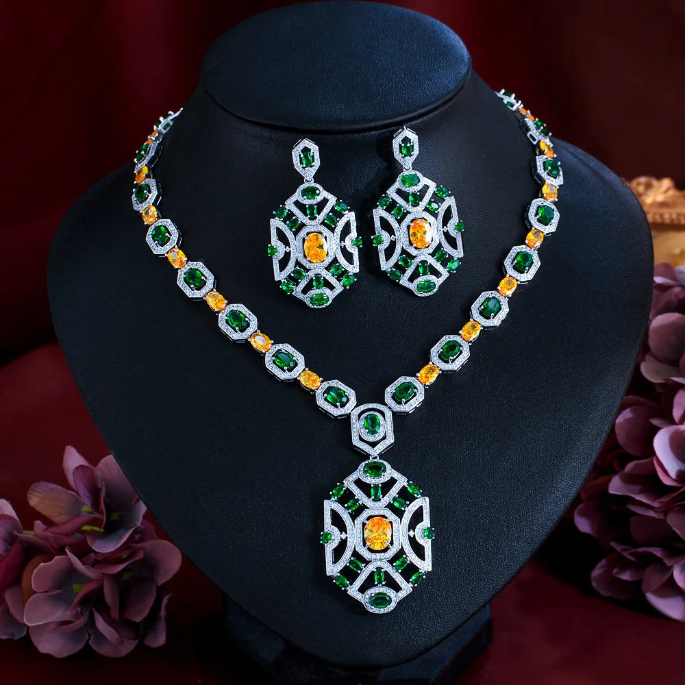 CWWZircons Yellow Green Cubic Zirconia Wedding Banquet Big Chunky Necklace and Earrings Bridal Party Costume Jewelry Sets T771