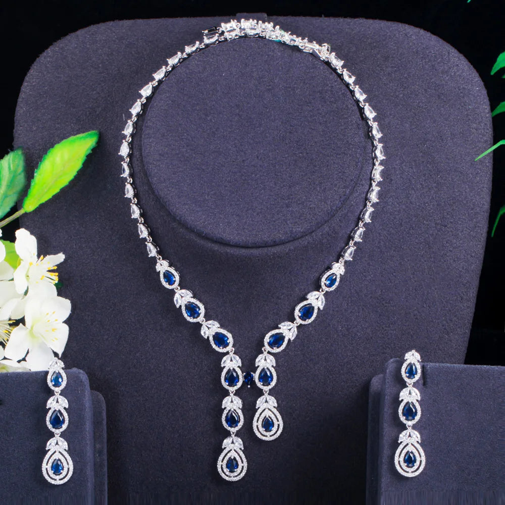 Hot Pink Cubic Zirconia Silver Color Long Leaf Drop Necklace and Earrings for Bridal Luxury Party Wedding Jewelry Sets