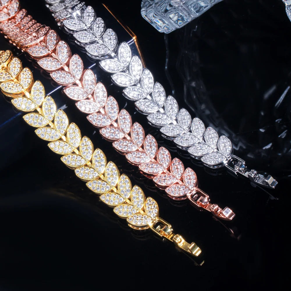 Elegant Micro Full 585 Rose Gold Color CZ Zircon Pave Leaf Link Chain Bracelet for Women Fashion Wedding Party Jewelry