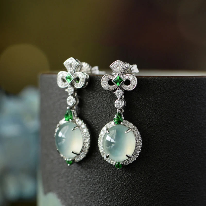 Natural chalcedony ice seed egg face earrings for women with diamonds Palace style charm exquisite jewelry