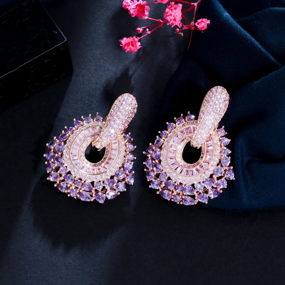 CWWZircons New Trendy Luxury Purple Pink Cubic Zirconia Pave Dangle Earrings for Women Statement Wedding Party Jewelry CZ979