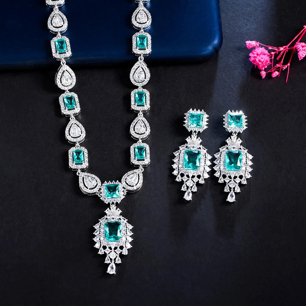 Magnificent Light Blue Cubic Zirconia Long Chandelier Pendant Necklace and Earrings Wedding Jewelry Sets for Brides