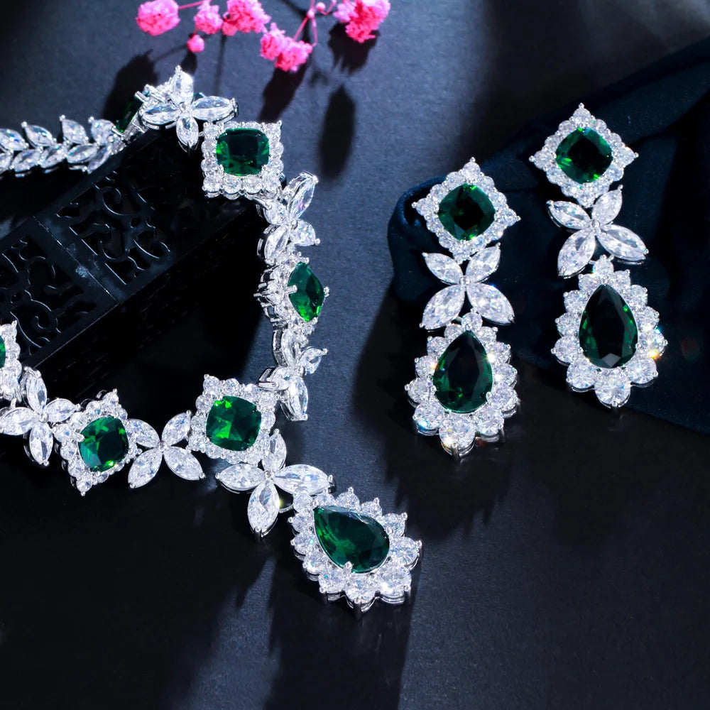 Zircons Big Leaf Drop Green Cubic Zircon Party Costume Jewelry Sets for Brides Wedding Accessories Dubai Gold Plated