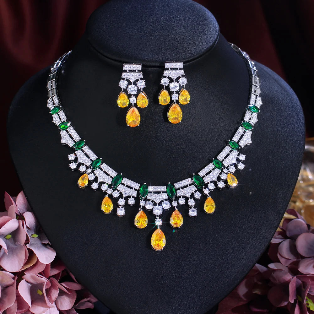 Zircons Glamorous Yellow Cubic Zirconia Dangle Water Drop Wedding Party Bridal Necklace Pageant Jewelry Sets for Women