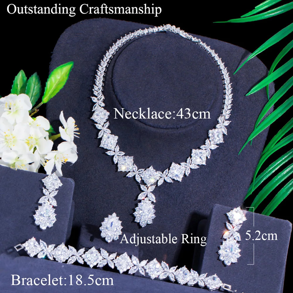 Luxurious Silver Color Green CZ Crystal Leaf Square Shape Link Bracelet Ring Necklace Earrings Jewelry Sets for Brides