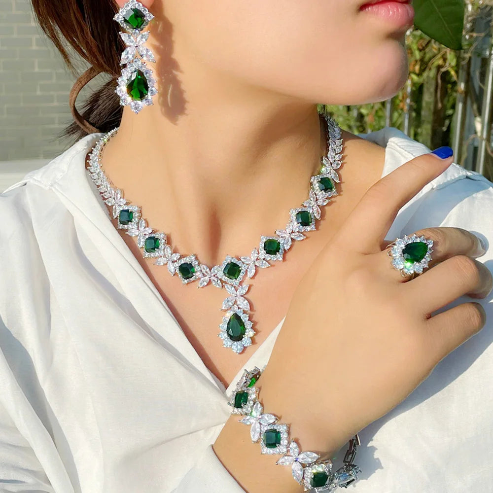 Luxurious Silver Color Green CZ Crystal Leaf Square Shape Link Bracelet Ring Necklace Earrings Jewelry Sets for Brides