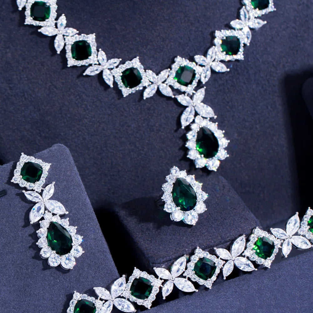 Luxurious Silver Color Green CZ Crystal Leaf Square Shape Link Bracelet Ring Necklace Earrings Jewelry Sets for Brides